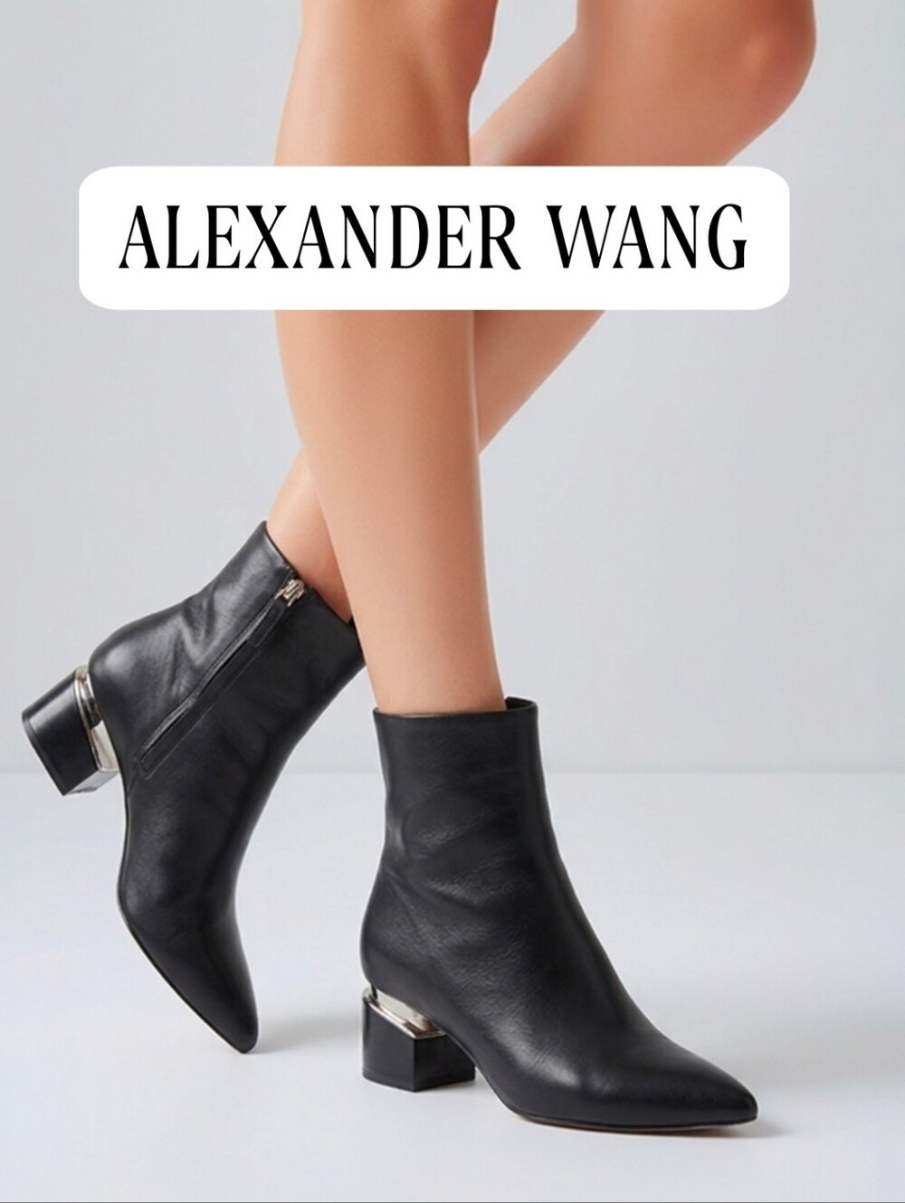 Alexander Wang Black Leather Pointed Ankle Boots w Lifted Silver Heel Accent 8 - Picture 1 of 14